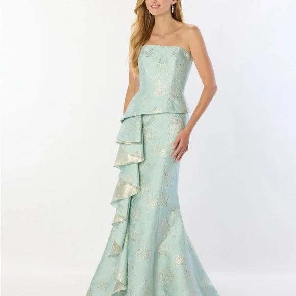 navy blue dress for baby girl Mac Duggal A11274 Aqua Sequined Halter Cut Out Ruffle Asymmetrical Dress  Size 4
